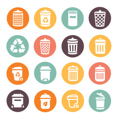 Colorful trash can icons on circular battons set