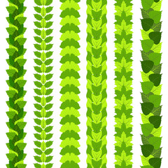 Set of stylized foliate borders made of different tree leaves, such as ginkgo, tulip tree, ash, birch, maple and poplar.  Vector illustration.