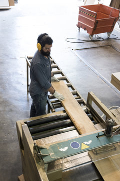 Man with gloves, hearing protection and safety glasses putting a wood plank on an industrial circular saw in a factory