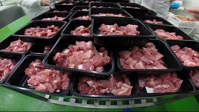 Boxes With Fresh Meat Slices in a Food Processing Factory / Fresh meat slices packing by worker hands on meat processing line at meat factory HD1080p