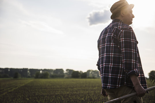 Farmer holding rake next to a field