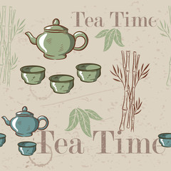 Tea time vintage seamless background. Retro kettle seamless pattern.