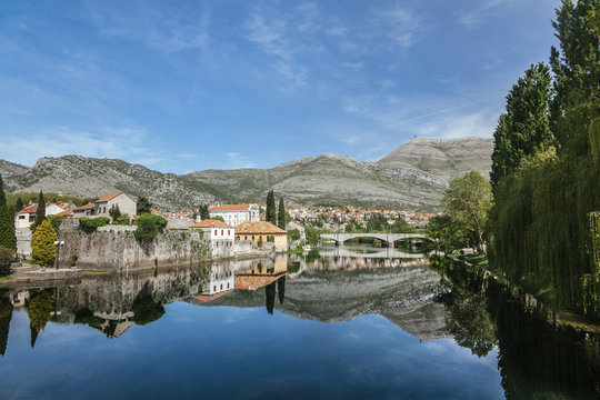 Bosnia and Herzegovina, Trebinje, view to the old town with Trebisnjica River in the foreground