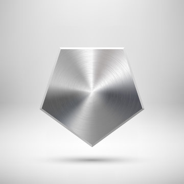 Abstract polygon, hex badge, blank button template with metal texture, chrome, silver, steel and realistic shadow for logo, design concepts, prints, web, interfaces, UI. Vector illustration.