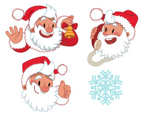 Three expressions of Santa Claus character - the set of flat vector cartoon illustartion of Santa Claus face and a snowflake
