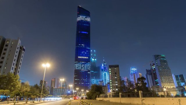 Tallest building in Kuwait City timelapse hyperlapse - the Al Hamra Tower at dusk. Kuwait City, Middle East