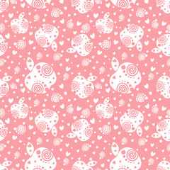 Seamless vector pattern with white ornamental apples and decorative elements on the pink background. Repeating ornament. Series of Fruits and Vegetables Seamless Patterns.