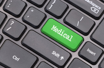 Computer keyboard closeup with "Medical" text on green enter key