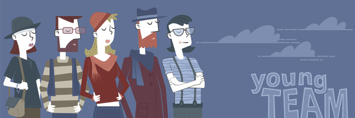 Young Team. Retro style illustration of several young people with hipster look that form a team.