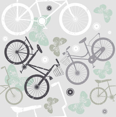 Fototapeta na wymiar Endless pattern with retro bicycles and cute butterflies
