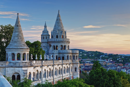 Hungary, Budapest, View to Fisherman's Bastion in the evening