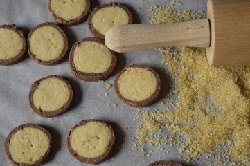 Homemade, round butter cookies with chocolate rant, with brown sugar; vanilla - butter cookies; with rolling pin;  perfect for child's day, Father's Day and summer snacks, kids love them