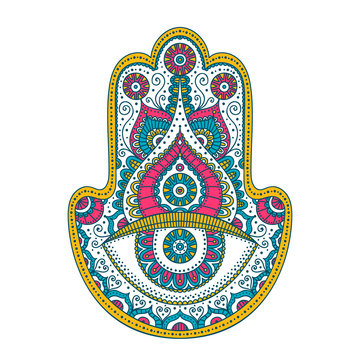 Doodle hamsa. Vector hand drawn hamsa with doodle ornament. Hand of Fatima. Amulet with ethnic design. Isolated. Pink, yellow and blue colors.