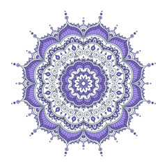 Vector hand drawn doodle mandala with hearts. Ethnic mandala with colorful ornament. Isolated. Violet and white colors.