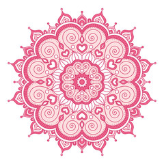 Vector hand drawn doodle mandala with hearts. Ethnic mandala with colorful ornament. Isolated. Light pink colors. - 112051569