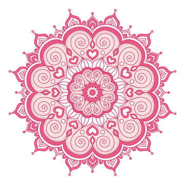 Vector hand drawn doodle mandala with hearts. Ethnic mandala with colorful ornament. Isolated. Light pink colors.