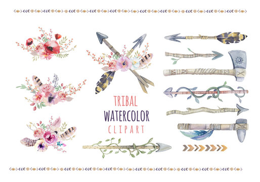 Watercolor colorful ethnic set of arrows  and flowers in native