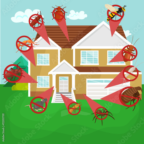 "Pest control concept with insects exterminator silhouette flat vector