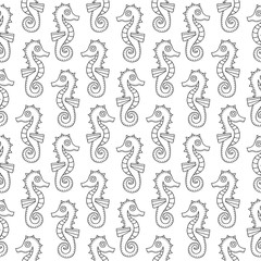 Obraz na płótnie Canvas Vector seamless pattern with doodle seahorse. Hand drawn seahorse with doodle ornament. Black and white.