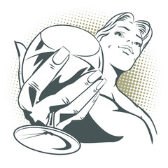 People in retro style. Girl with a glass of wine.