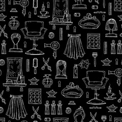 Vector seamless pattern with hand drawn fashion and beauty symbols on black color.  Pattern on the theme of hair salon