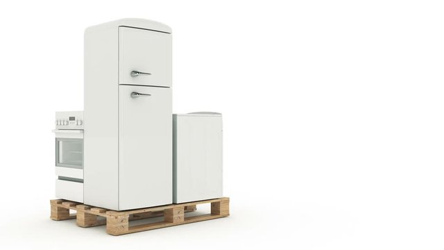 Home appliances. Set of household kitchen technics isolated on white. Fridge, gas cooker, microwave oven and washing machine. 3d