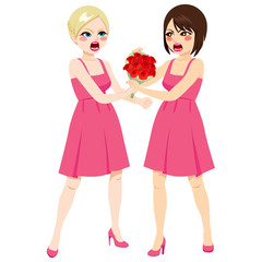 Young bridesmaid women fighting for roses bouquet