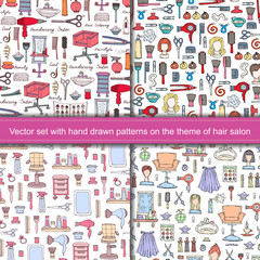 Vector set with seamless hand drawn colored patterns on the theme of hair salon, fashion and beauty symbols