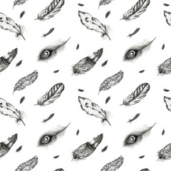 Vintage seamless  graphic pattern with hand-drawn feathers. Flyi