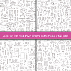 Vector set with seamless hand drawn patterns on the theme of hair salon, fashion and beauty symbols
