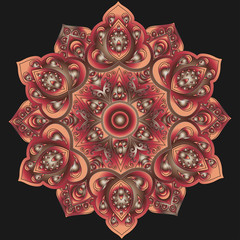 Mandala with gradient  from peach color, burgundy and brown colors on a black background