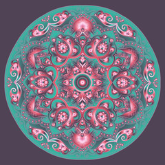 Mandala with gradient  from pink, turquois and white colors on a violet background