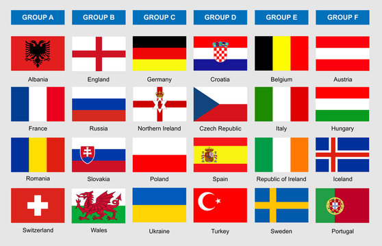 Flags of football teams, icons for soccer game championship.
