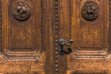 The old wooden door and brass handle