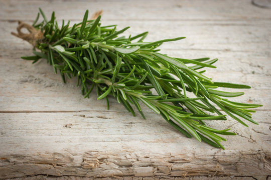Freshly harvested rosemary on wooden rustic background