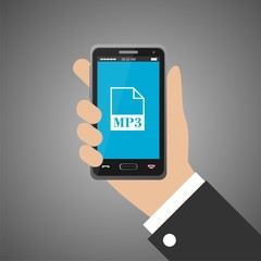 Hand holding smartphone with mp3 icon