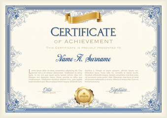 Certificate of Achievement Vintage Frame with Gold Ribbon. Landscape.