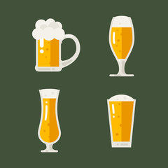 Vector set of beer icons. Beer bottle, glass, pint. Oktoberfest beer vector set. Flat illustration.