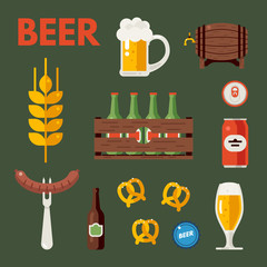 Beer bottle, glass and cups. Wooden barrel, wooden crate with bottles. Beer snacks. Set of vector beer icons, signs, symbols, design elements. Oktoberfest beer vector set. Flat vector illustration.
