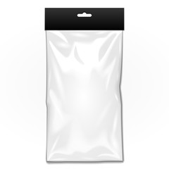 White Black Blank Plastic Pocket Bag. Transparent. With Hang Slot. Illustration Isolated On White Background. Mock Up Template Ready For Your Design. Vector EPS10