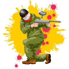 illustration of a figure of the player in a paintball on a background from blots 