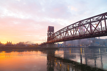 The early morning in New York City. View of Roosevelt Island Bridge and Queens from Roosevelt Island.