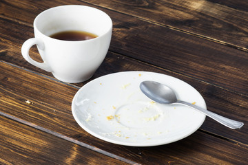 Empty white plate with crumbs and fat