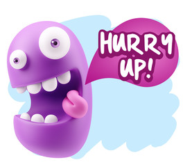 3d Rendering Smile Character Emoticon Expression saying Hurry Up