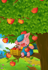 Cartoon scene of a pig on the apple tree - illustration for children