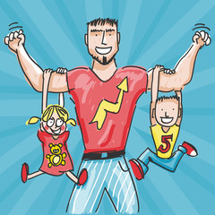 Cartoon of strong dad with children on his arms
