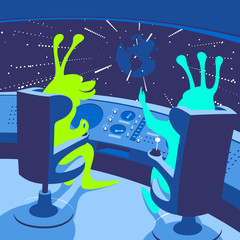 Two colorful aliens in a UFO cockpit