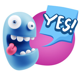 3d Rendering Smile Character Emoticon Expression saying Yes with