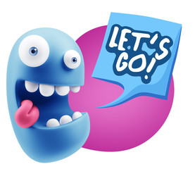 3d Rendering Smile Character Emoticon Expression saying Let'S Go