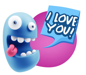 3d Rendering Smile Character Emoticon Expression saying I Love Y